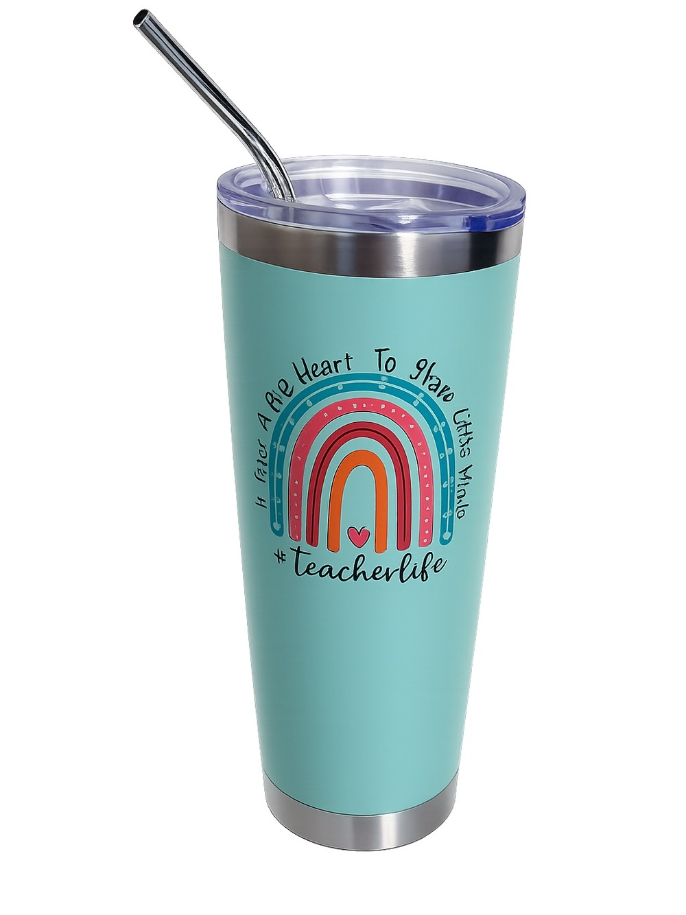 NEW Teacher Life 20 oz Stainless Steel Insulated Tumbler w/ Straw Rainbow Gift